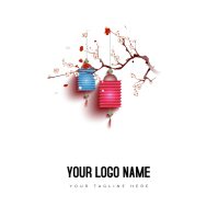 Blue and red lantern hanging on tree illustration Logo template