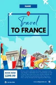 Blue And Teal Illustrated Travel To France Po Poster template