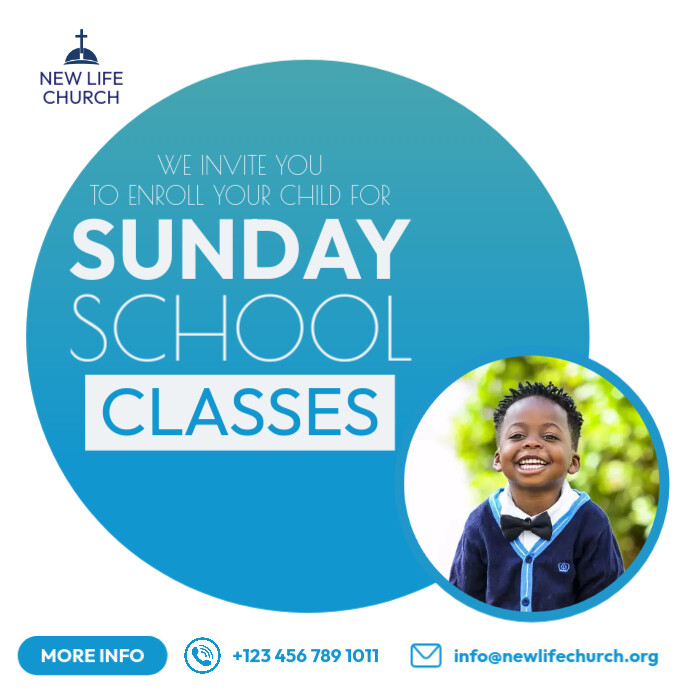 blue and white Church Sunday School Flyer Template Instagram Post