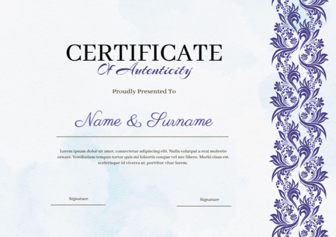 Blue and White Elegant Artwork Authentication Certificate Template ...