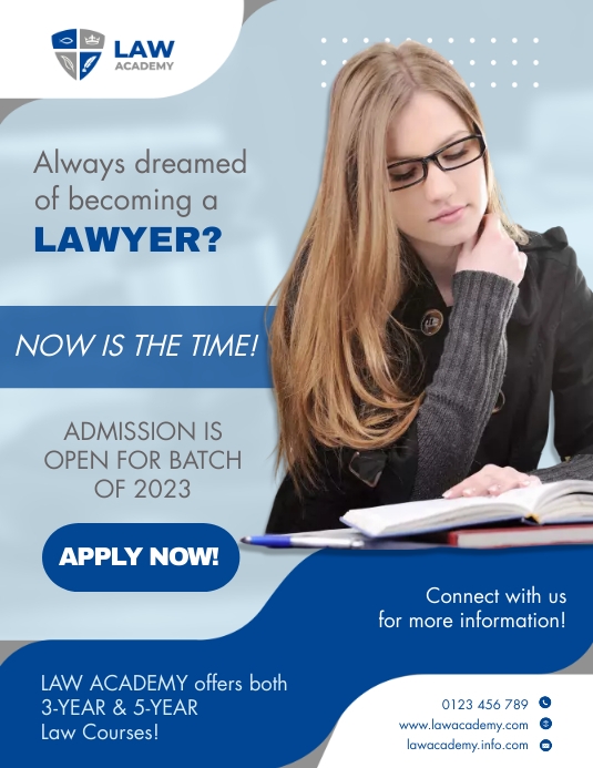 Blue and White Law Admission Flyer Folheto (US Letter) template