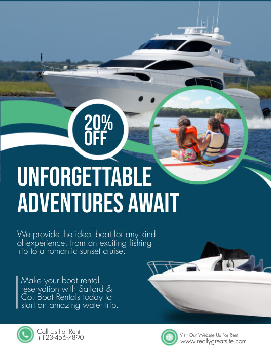 Blue and White Modern Boat Rental Flyer Template | PosterMyWall