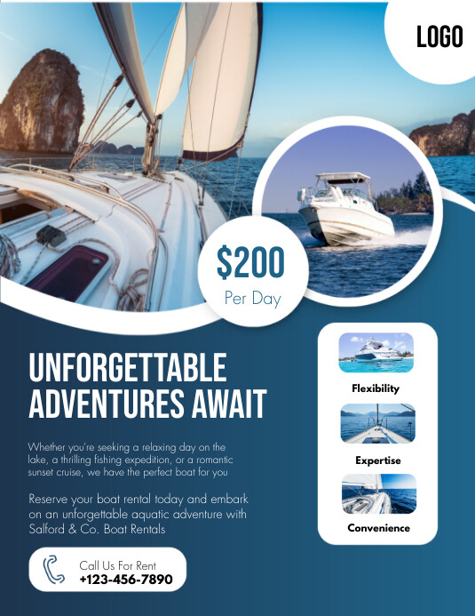 Blue and White Modern Boat Rental Flyer Template | PosterMyWall