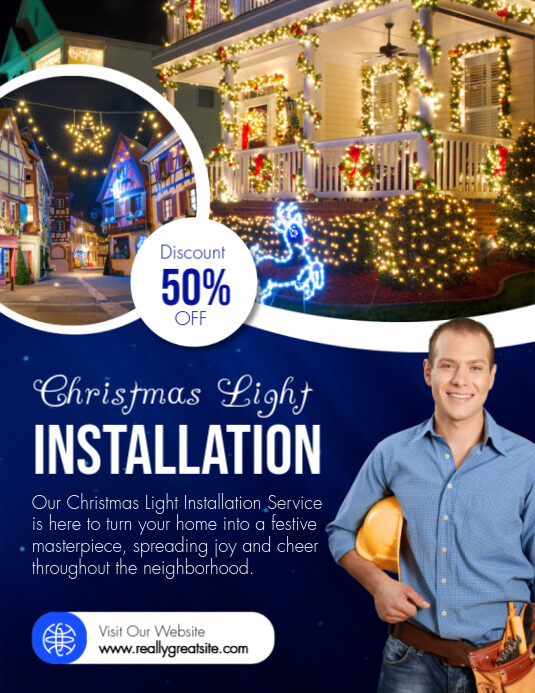 Blue and White Modern Christmas Light Installation Flyer Template Blue and White Modern Christmas Light Installation Flyer Template