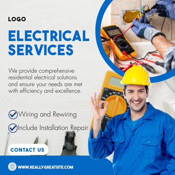 Plantilla de Blue and White Modern Electrical Services Fac | PosterMyWall