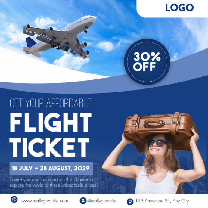 Flight Travel Posts Blue and White Modern Flight Ticket Promo Instagram Post Template ...