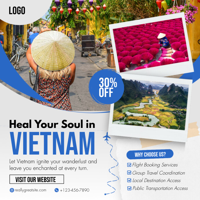 Blue and White Modern Travel Promo Instagram template