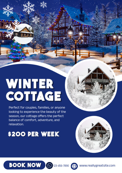Blue And White Modern Winter Cottage Rental Flyer Template | PosterMyWall