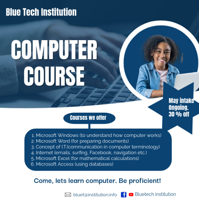 Computer Class Insta Post Copy of Blue And White Professional Instagram Computer Course poster ...