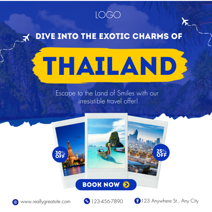 Plantilla de Blue And Yellow Modern Travel To Thailand Fac | PosterMyWall