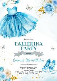 Blue Ballerina Birthday party Invitation A6 template
