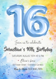 blue balloon 16th birthday invitation A6 template