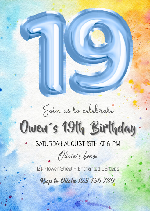 blue balloon 19TH Birthday Invitation Template | PosterMyWall