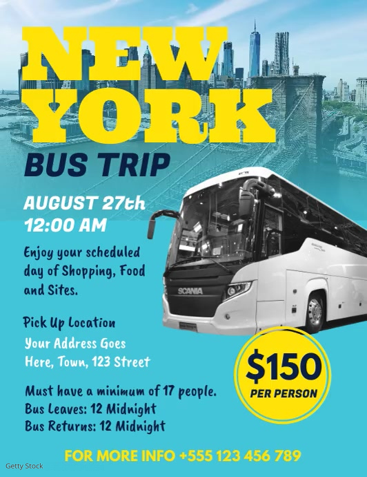 Blue bus trip to NY flyer Template | PosterMyWall