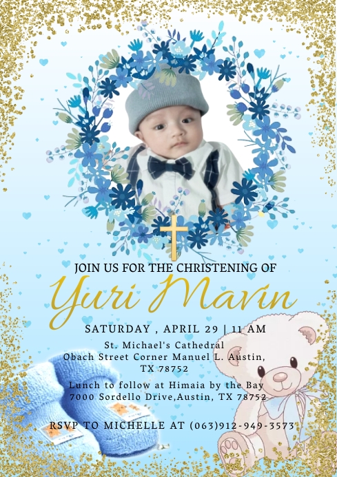 thumbnail image 2 of YOU PRINT – Baptism Christening Invitation For Boys – Blue Gold Theme – Personalise 2 of 6