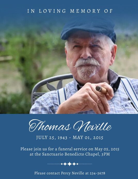 Blue colored obituary flyer template PosterMyWall
