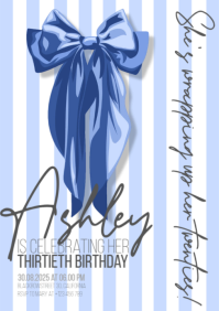 Blue Coquette Bow Thirtieth Birthday Invitation | Elegant Feminine Party A5 template
