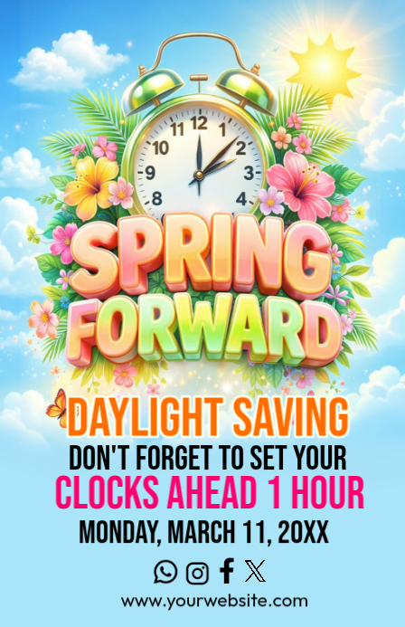 Blue Daylight Saving Time Reminder Tabloid Template | PosterMyWall