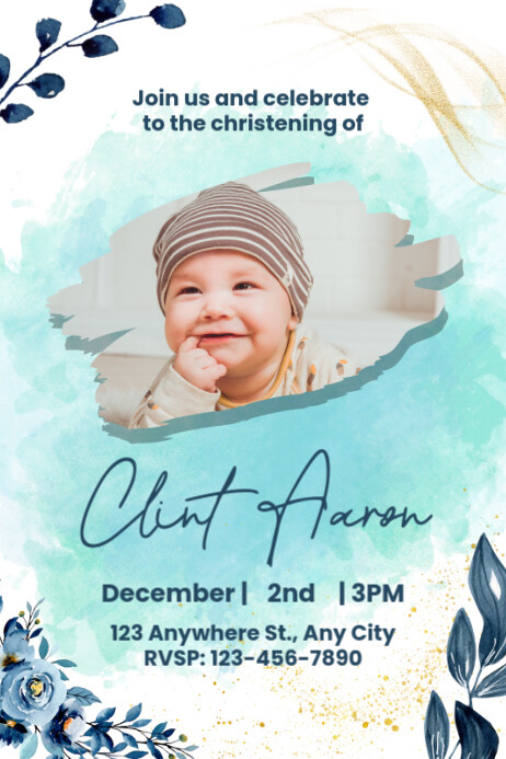 Blue Floral Christening Invitation Plakkaat template