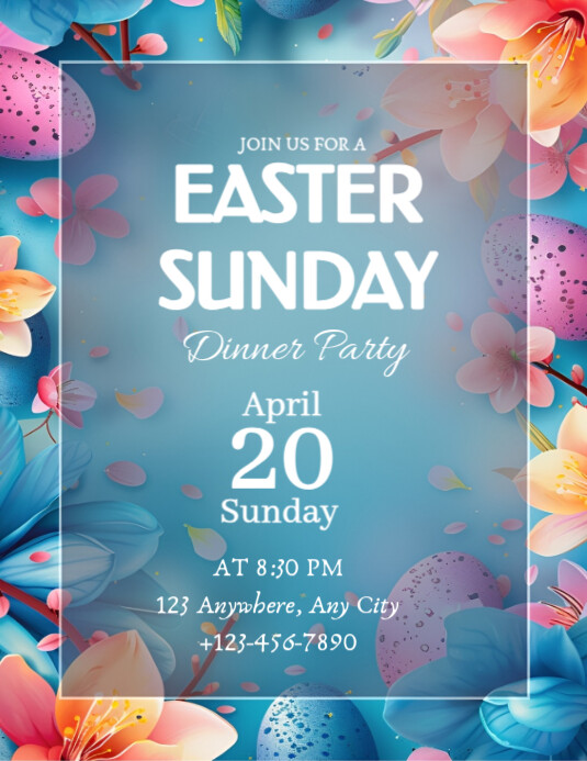 Easter Work Invite Blue Floral Easter Sunday Dinner Party Invitation Flyer (us Letter ...