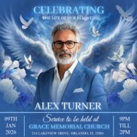 Blue Floral  Funeral Announcement Square (1:1) template
