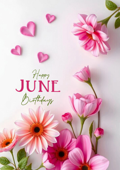 Blue Floral Happy June Birthdays  A4 template