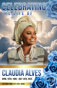 Blue Floral Maximalist Funeral Program Half Page Wide template