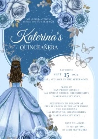 Blue Floral Quinceanera Invitation  A4 template