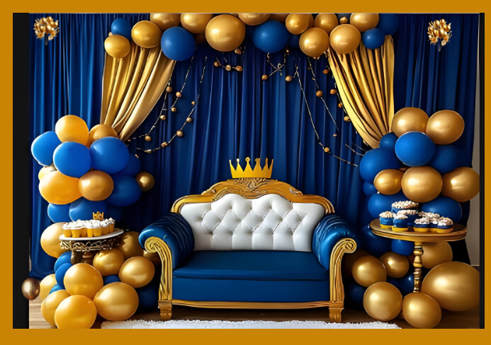 Blue Floral Royal Blue And Gold Balloon-themed Party Backdrop With Throne Seat A5 template