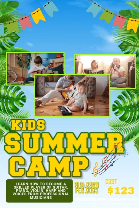 Blue Floral Strum, Sing & Shine At Music Camp Poster 海报 template