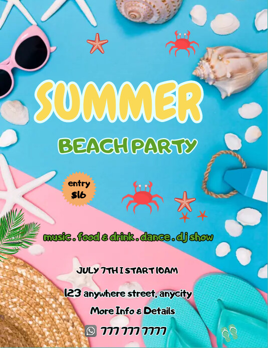 Summer Lette Blue Floral Summer Beach Party Pamflet (lette Template | PosterMyWall