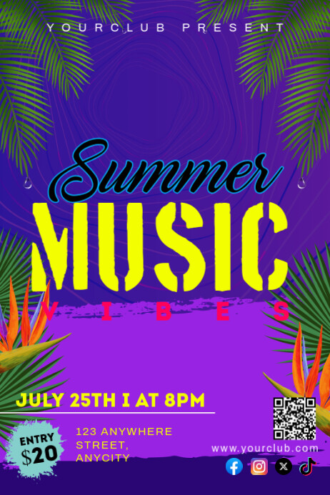 Blue Floral Summer Music Vibes Poster Cartaz template