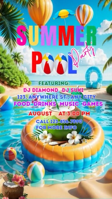 Blue Floral Summer Pool Party Digital Display (9:16) Template ...