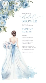 Blue floral wedding gown bridal shower invite Pantalla Digital (9:16) template