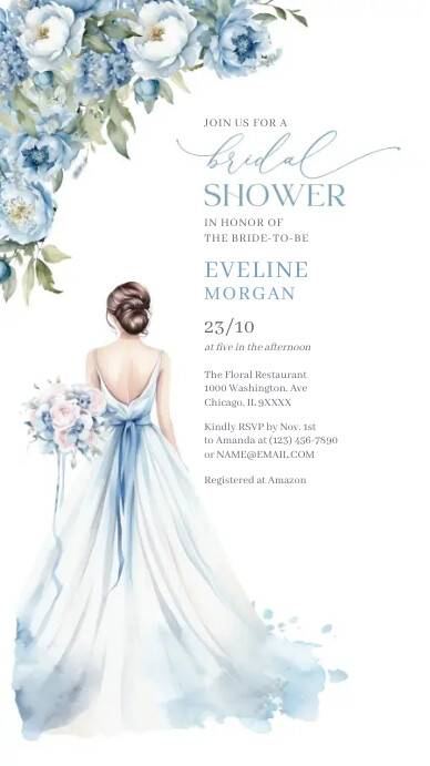 Blue floral wedding gown bridal shower invite Template | PosterMyWall Blue floral wedding gown bridal shower invite Template | PosterMyWall