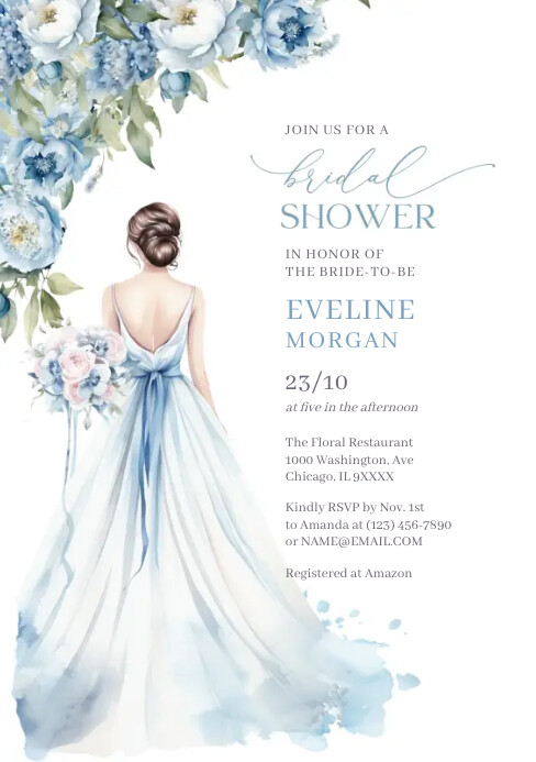 Blue floral wedding gown bridal shower invite Template | PosterMyWall Blue floral wedding gown bridal shower invite Template | PosterMyWall