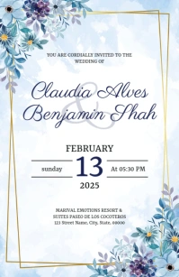 Blue Floral Wedding Invitation Template Half Page Wide