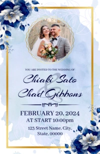 Blue Floral Wedding Invitation Template Half Page Wide