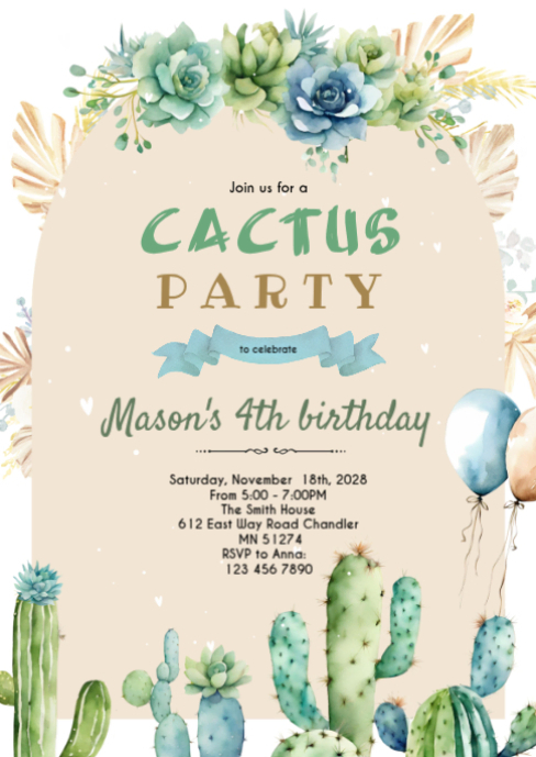 Blue flowers cactus desert party invite Template | PosterMyWall