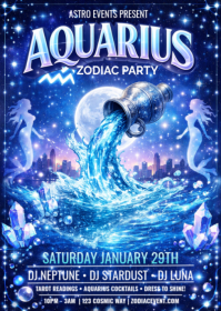 Blue Futuristic Aquarius Zodiac Party Flyer - Astrology Birthday Celebration Design  A6 template