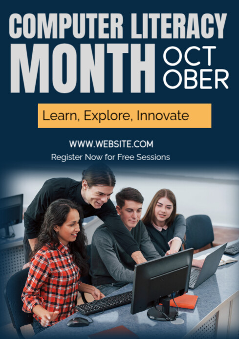 Computer Month Poster Blue Futuristic Computer Literacy Month A4 Template | PosterMyWall