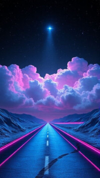 Blue Futuristic Neon Road To Heaven. Dreamy Cloudscape Background  Digital Display (9:16) template