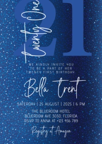 Blue glitter twenty-one birthday invitation A5 template