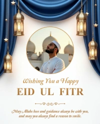 Blue gold 3D drape curtains golden lanterns lamps eid mubarak instagram post template