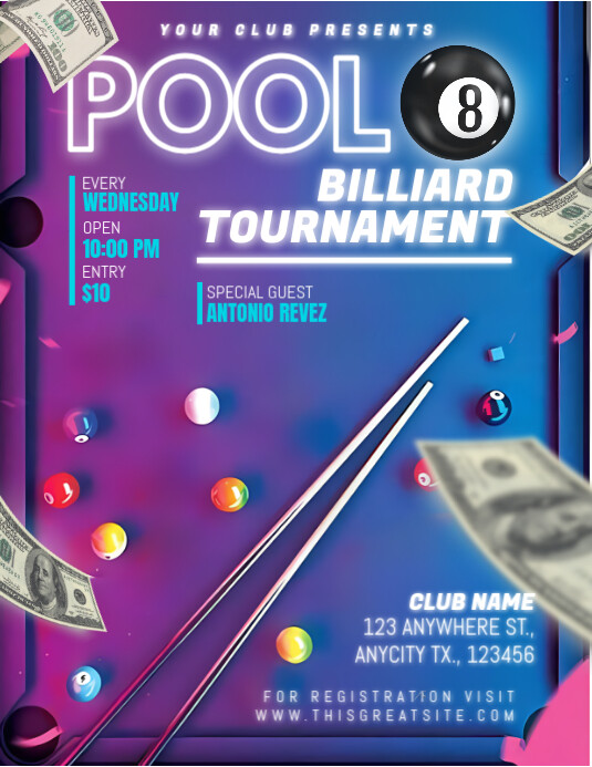 Blue Gradient Billiard Tournament  Flyer (us Letter) template
