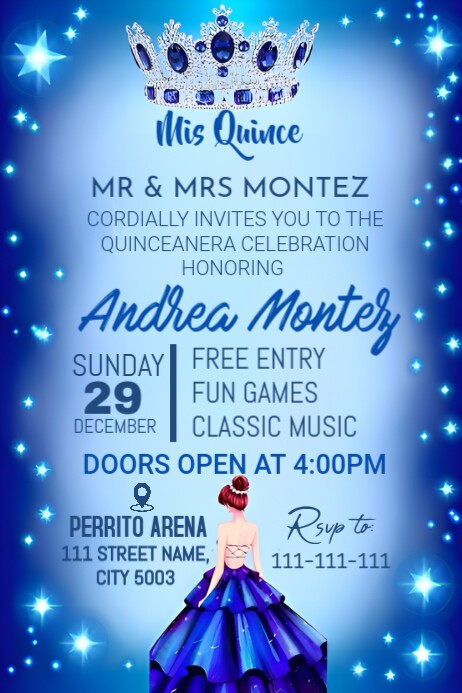 Blue Gradient Quinceanera Invite  Poster Plakkaat template