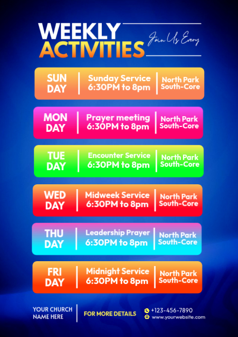 Weekly Church Activities A4 Template | PosterMyWall