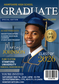 Blue Graduation Magazine Cover Invitation Template – Class of 2026 Senior Announcement Editable A4