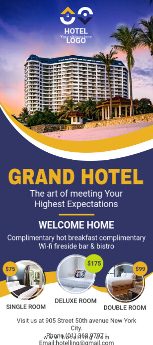Blue grand hotel rack card Template | PosterMyWall