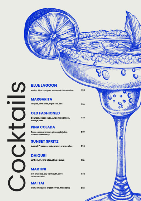 Blue Grey White Minimalist Modern Trendy Illustrative Cocktail Drink Menu A4 template